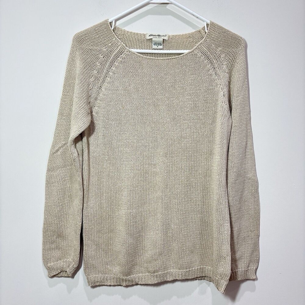 Y2K 90s Eddie Bauer Knitted Pullover Women M Cotton Tan Beige Coastal Minimalist